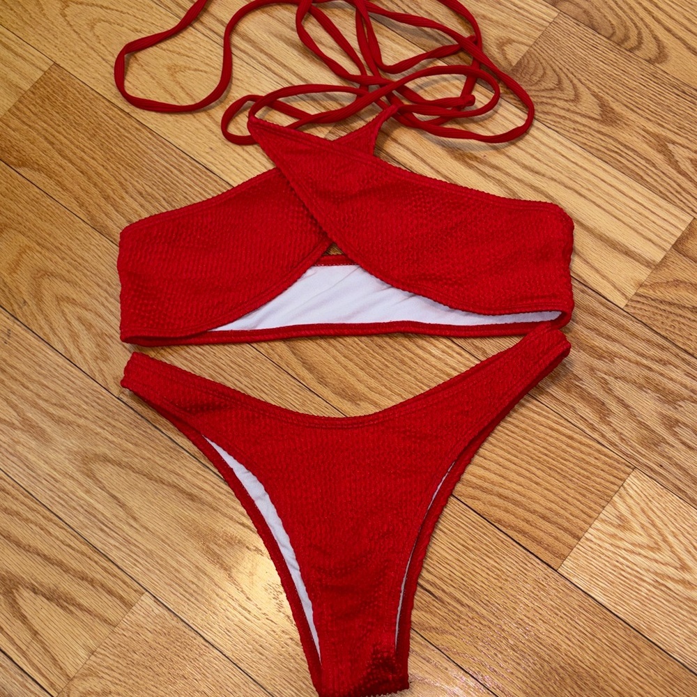 Red Crinkle Textured Two-Piece Bikini Set